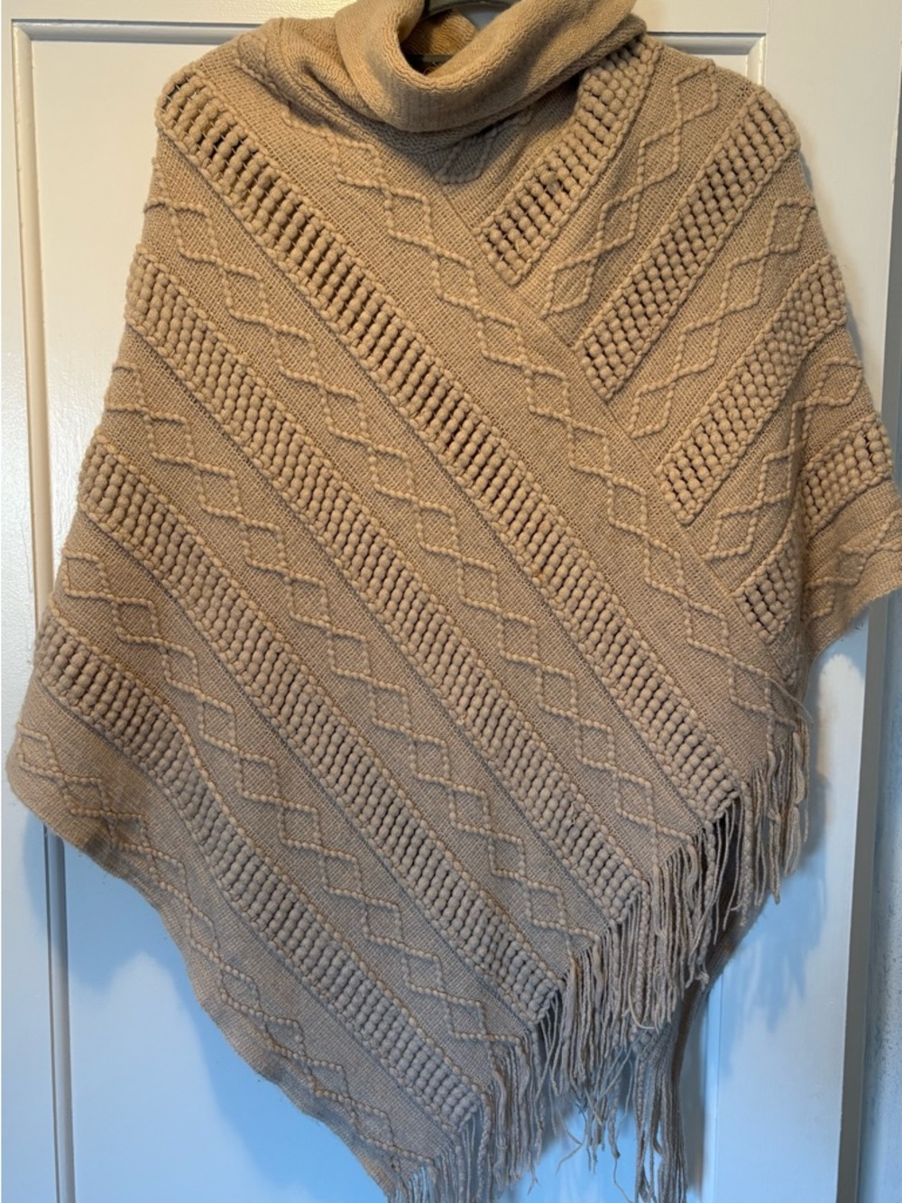 Cozy Cable Knit Cowl Neck Poncho - Beige